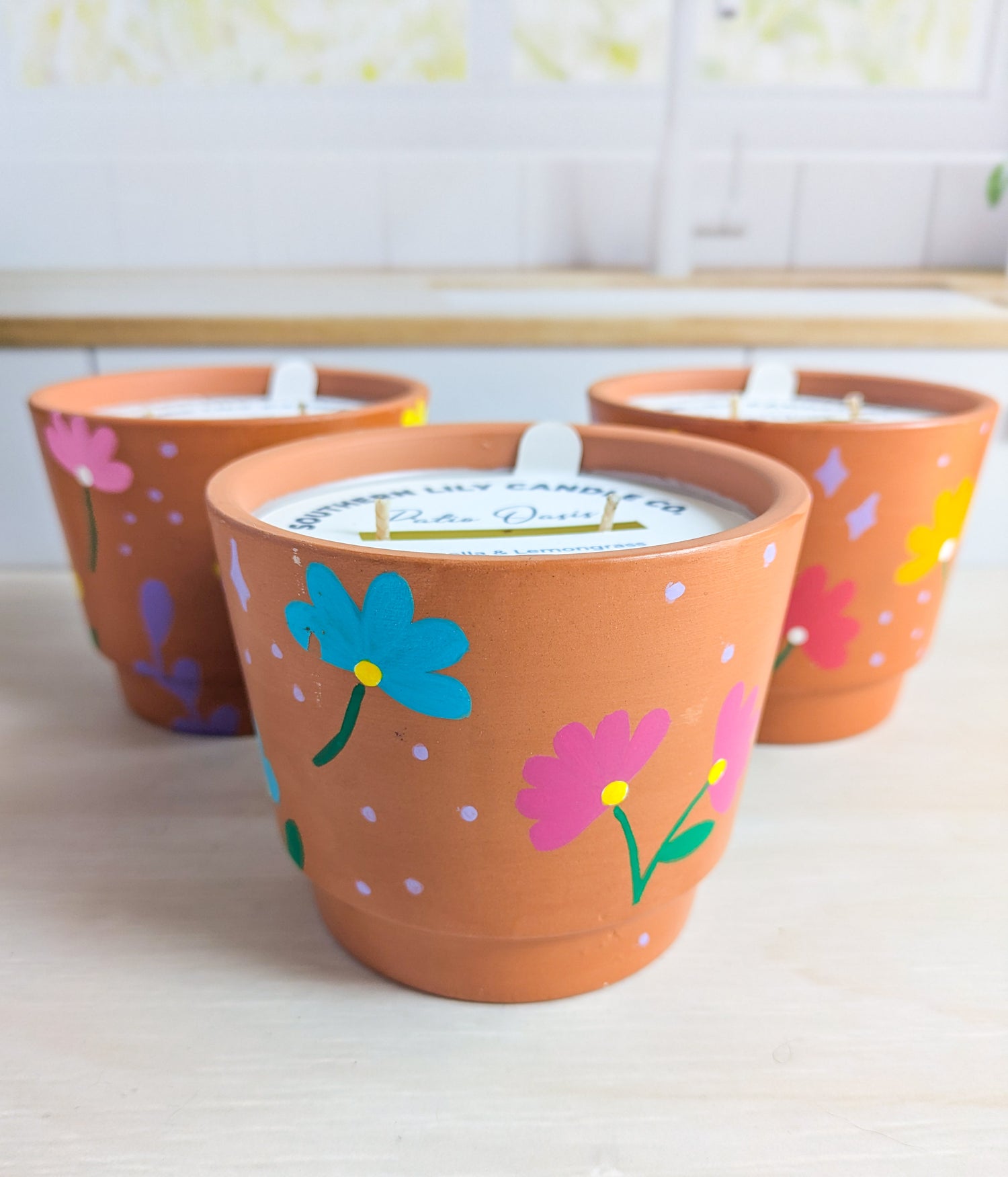 Handpainted terracotta candle vessel with citronella and lemongrass scent on a backyard patio