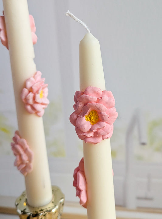 Pink Camellia Taper Candle – 10" Hand-Painted Floral, Unscented, Elegant & Extra for Your Table